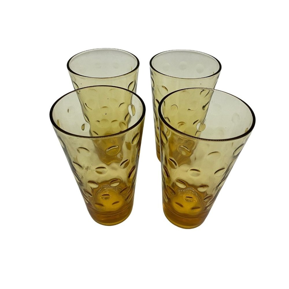 Hazel Atlas Vintage Gold Capri Dot Tumblers MCM Size 5.25 Inches High, Set of 4